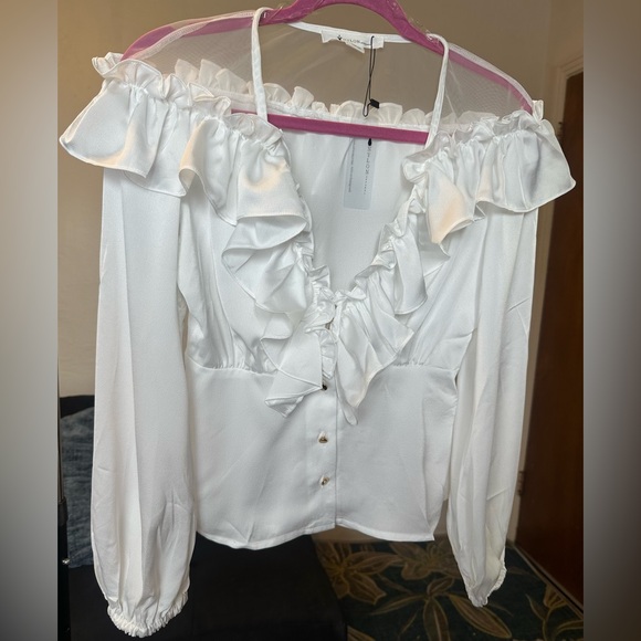 Ruffled V Neck Elastic Puff Sleeves Blouse - Picture 10 of 10